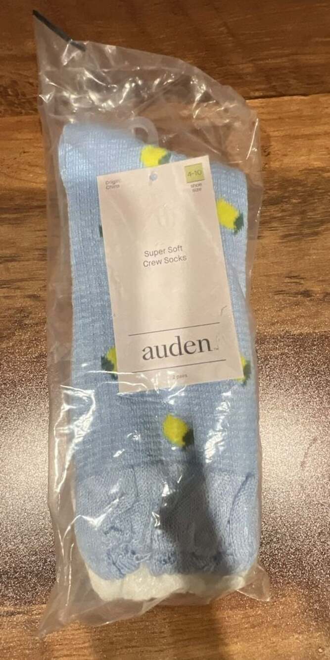 Auden Super Soft Crew Socks Light Blue Lemon Print 2 Pairs Size 4-10